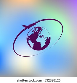 Airplane fly around the planet Earth. Logo.