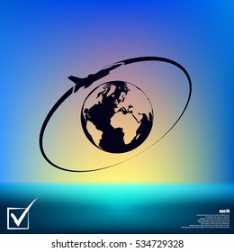 Airplane fly around the planet Earth. Logo.