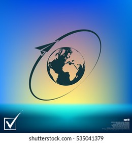Airplane fly around the planet Earth. Logo.
