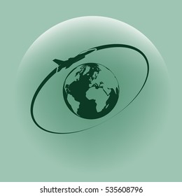 Airplane fly around the planet Earth. Logo.
