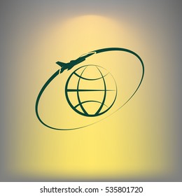 Airplane fly around the planet Earth. Logo.