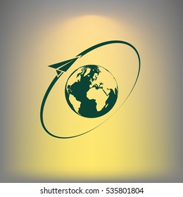 Airplane fly around the planet Earth. Logo.