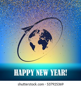 Airplane fly around the planet Earth. Logo.
