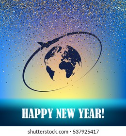 Airplane fly around the planet Earth. Logo.