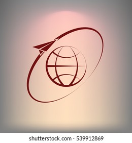 Airplane fly around the planet Earth. Logo.