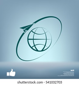 Airplane fly around the planet Earth. Logo.