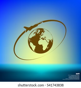 Airplane fly around the planet Earth. Logo.