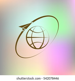 Airplane fly around the planet Earth. Logo.