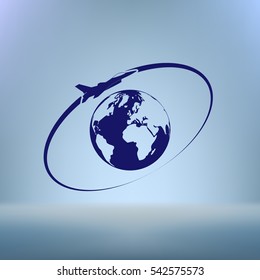 Airplane fly around the planet Earth. Logo.