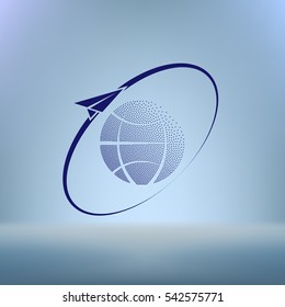 Airplane fly around the planet Earth. Logo.