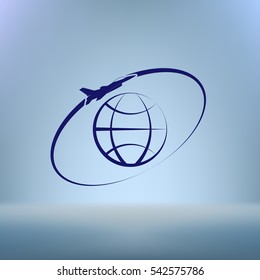 Airplane fly around the planet Earth. Logo.
