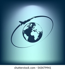 Airplane fly around the planet Earth. Logo.