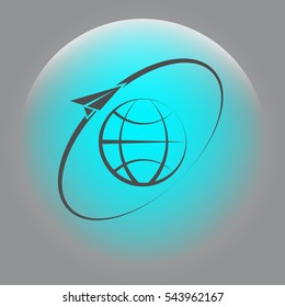Airplane fly around the planet Earth. Logo.