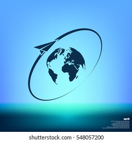 Airplane fly around the planet Earth. Logo.