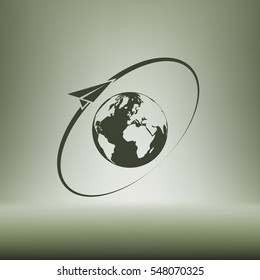 Airplane fly around the planet Earth. Logo.