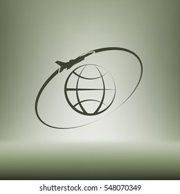 Airplane fly around the planet Earth. Logo.