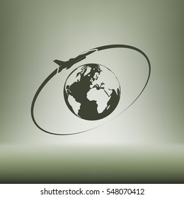 Airplane fly around the planet Earth. Logo.