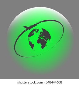 Airplane fly around the planet Earth. Logo.