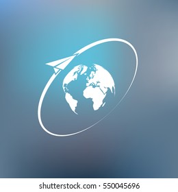 Airplane fly around the planet Earth. Logo.