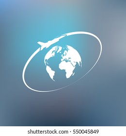 Airplane fly around the planet Earth. Logo.