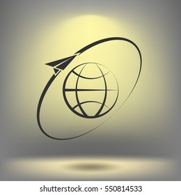 Airplane fly around the planet Earth. Logo.