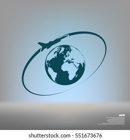 Airplane fly around the planet Earth. Logo.