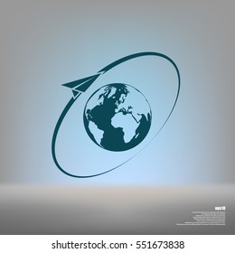 Airplane fly around the planet Earth. Logo.