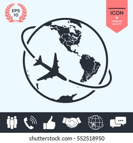 Airplane fly around the planet Earth. Logo