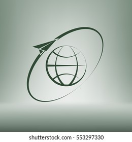 Airplane fly around the planet Earth. Logo.
