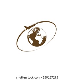 Airplane fly around the planet Earth. Logo.