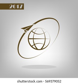 Airplane fly around the planet Earth. Logo.