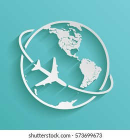 Airplane fly around the planet Earth. Logo