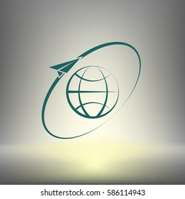 Airplane fly around the planet Earth. Logo.