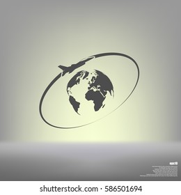Airplane fly around the planet Earth. Logo.