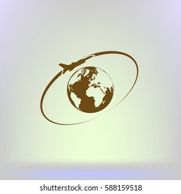 Airplane fly around the planet Earth. Logo.