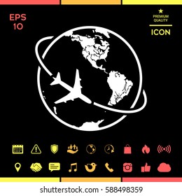 Airplane fly around the planet Earth. Logo
