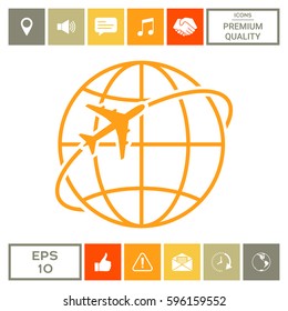 Airplane fly around the planet Earth logo icon
