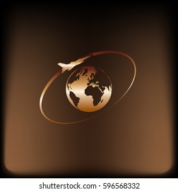 Airplane fly around the planet Earth. Logo.