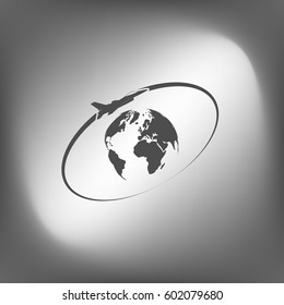 Airplane fly around the planet Earth. Logo.