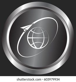 Airplane fly around the planet Earth. Logo.
