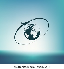 Airplane fly around the planet Earth. Logo.