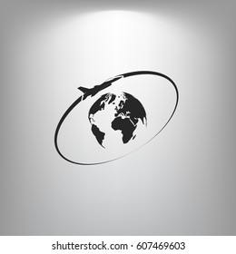 Airplane fly around the planet Earth. Logo.