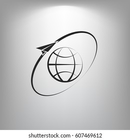 Airplane fly around the planet Earth. Logo.