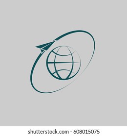 Airplane fly around the planet Earth. Logo.