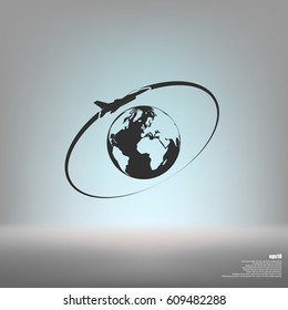 Airplane fly around the planet Earth. Logo.