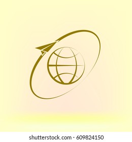 Airplane fly around the planet Earth. Logo.