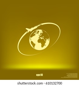 Airplane fly around the planet Earth. Logo.