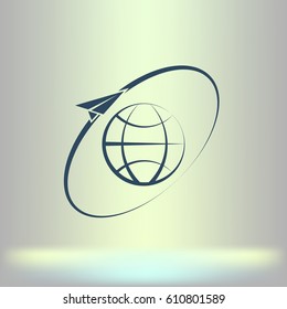 Airplane fly around the planet Earth. Logo.