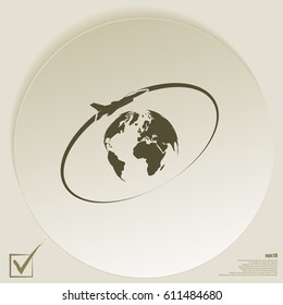 Airplane fly around the planet Earth. Logo.