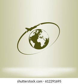 Airplane fly around the planet Earth. Logo.